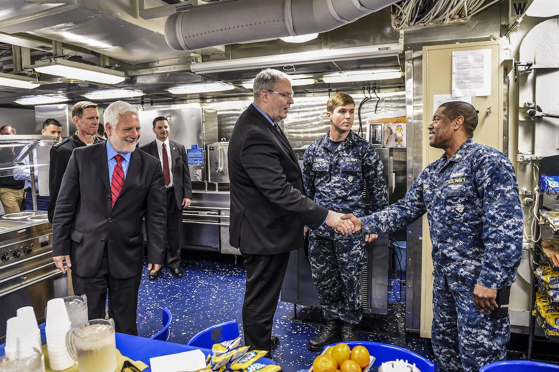 Deputy Defense Secretary Bob Work greets sailors aboard the USS Stout on Naval Station Norfolk, Va., March 8, 2016. DoD photo by Army Sgt. 1st Class Clydell Kinchen