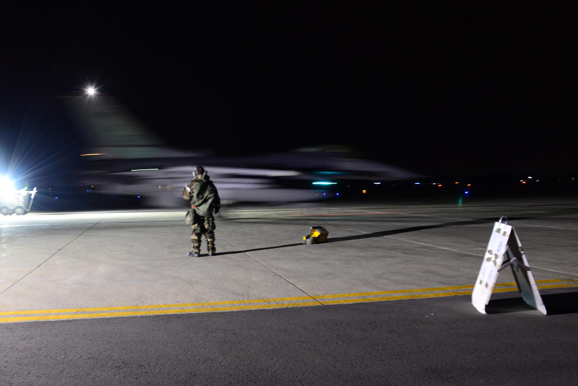An F-16 Fighting Falcon from the 36th Fighter Squadron taxis for takeoff for the first simulated combat sortie of Exercise Beverly Midnight 16-01 at Osan Air Base, Republic of Korea, March 9, 2016. The wing executes military operations to beddown, maintain and employ follow-on forces for contingency operations. (U.S. Air Force photo by Staff Sgt. Rachelle Coleman/Released)