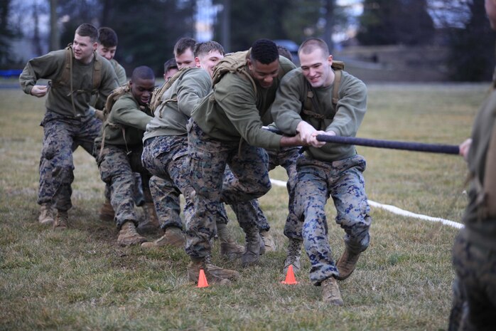 Marines with Chemical Biological Incident Response Force (CBIRF), U.S. Marine Forces Command (MARFORCOM), participate in a tug-of-war competition during a battalion-wide physical training (PT) session. CBIRF Corporals led the battalion in a PT event ranging from pushups and lunges to buddy drags and fireman carry drills the morning before their graduation from Corporals Leadership Course, Feb. 26, 2016. The noncommissioned officers completed the 3 week course curriculum that included sword and guidon manual, land navigation, Marine Corps promotion system for sergeants and below and other small unit leader skills and traits. (Official USMC Photos by Sgt. Santiago G. Colon Jr./Released)
