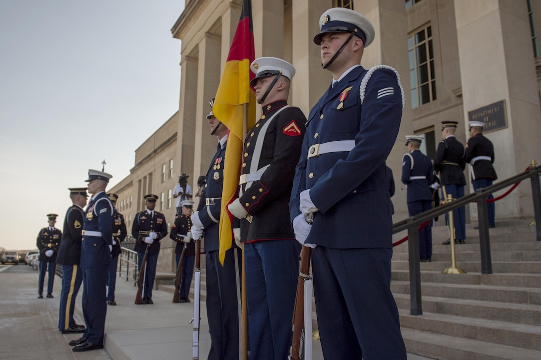 Members of an honor cordon stand as they prepare for Defense Secretary Ash Carter to welcome German Defense Minister Ursula von der Leyen to the Pentagon, March 8, 2016. The two leaders met to discuss matters of mutual importance. DoD photo by Air Force Senior Master Sgt. Adrian Cadiz
