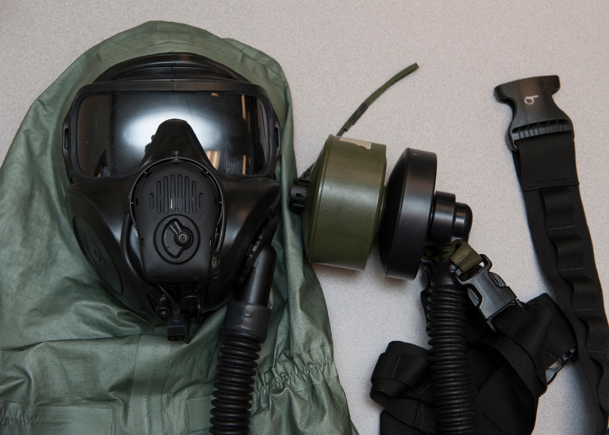 The XM69 Aircrew Chemical, Biological, Radiological and Nuclear Defense (CBRN) system sits on display March 2, 2016, inside the Aircrew Flight Equipment facility on Dover Air Force Base, Del. The XM69 is expected to replace the legacy U.S. Air Force Aircrew Eye Respiratory Protection (AERP) system. (U.S. Air Force photo/Senior Airman Zachary Cacicia)