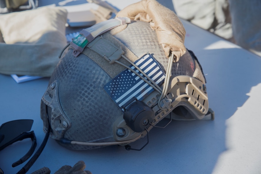 A helmet, shown to Lt. Gen. Stephen Wilson, deputy commander of U.S. Strategic Command, rests on the table with other security forces gear at Minot Air Force Base, N.D., Feb. 26, 2016. During his visit with the 91st SFG, Wilson was shown a variety of demonstrations to include convoy operations and various aspects of missile field activity. (U.S. Air Force photo/Airman 1st Class Christian Sullivan)