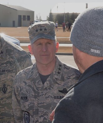 Lt. Gen. Stephen Wilson, deputy commander of U.S. Strategic Command, talks to 91st Security Forces Group members at Minot Air Force Base, N.D., Feb. 26, 2016. During his visit with the 91st SFG, Wilson was shown a variety of demonstrations to include convoy operations and various aspects of missile field activity. (U.S. Air Force photo/Airman 1st Class Christian Sullivan)