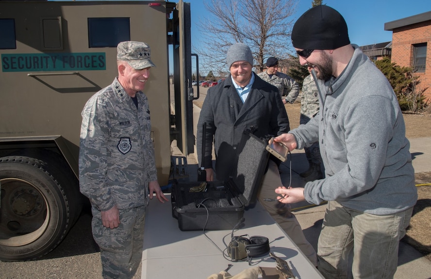Lt. Gen. Stephen Wilson, deputy commander of U.S. Strategic Command, talks to 91st Security Forces Group members at Minot Air Force Base, N.D., Feb. 26, 2016. During his visit with the 91st SFG, Wilson was shown a variety of demonstrations to include convoy operations and various aspects of missile field activity. (U.S. Air Force photo/Airman 1st Class Christian Sullivan)