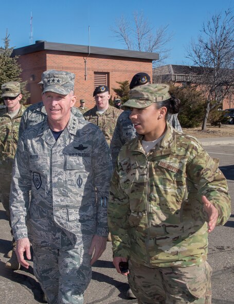 Lt. Gen. Stephen Wilson, deputy commander of U.S. Strategic Command, is escorted to a convoy vehicle by Staff Sgt. Jacqueline Diaz, 791st Missile Security Forces Squadron member, at Minot Air Force Base, N.D., Feb. 26, 2016. During his visit with the 91st SFG, Wilson was shown a variety of demonstrations to include convoy operations and various aspects of missile field activity. (U.S. Air Force photo/Airman 1st Class Christian Sullivan)