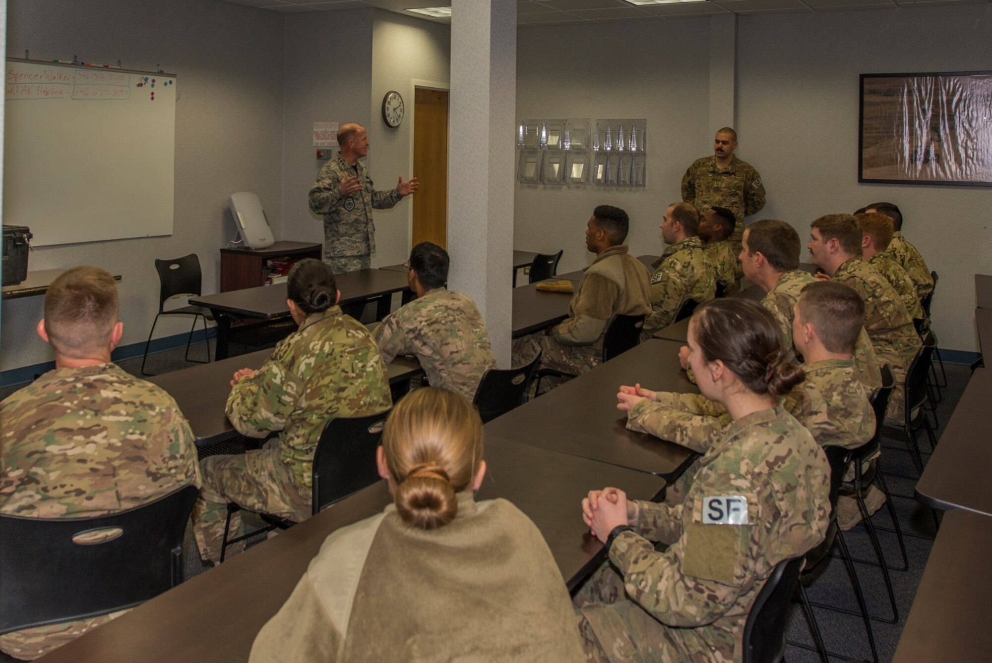 Lt. Gen. Stephen Wilson, deputy commander of U.S. Strategic Command, speaks with 91st Security Forces Group Airmen at Minot Air Force Base, N.D., Feb. 26, 2016. Wilson answered questions and told stories about his career in the Air Force. (U.S. Air Force photo/Airman 1st Class Christian Sullivan)