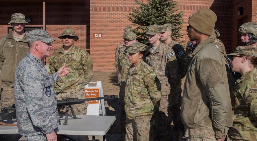 Lt. Gen. Stephen Wilson, deputy commander of U.S. Strategic Command, talks to 91st Security Forces Group Airmen at Minot Air Force Base, N.D., Feb. 26, 2016. During his visit with the 91st SFG, Wilson was shown a variety of demonstrations to include convoy operations and various aspects of missile field activity. (U.S. Air Force photo/Airman 1st Class Christian Sullivan)