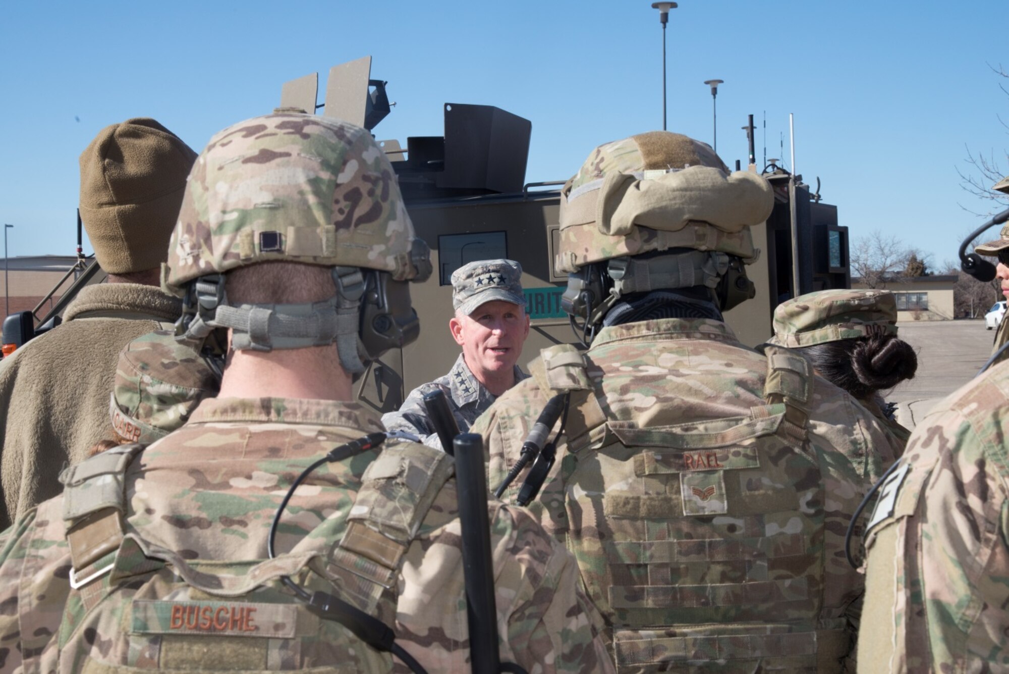 Lt. Gen. Stephen Wilson, deputy commander of U.S. Strategic Command, talks to 91st Security Forces Group Airmen at Minot Air Force Base, N.D., Feb. 26, 2016. During his visit with the 91st SFG, Wilson was shown a variety of demonstrations to include convoy operations and various aspects of missile field activity. (U.S. Air Force photo/Airman 1st Class Christian Sullivan)