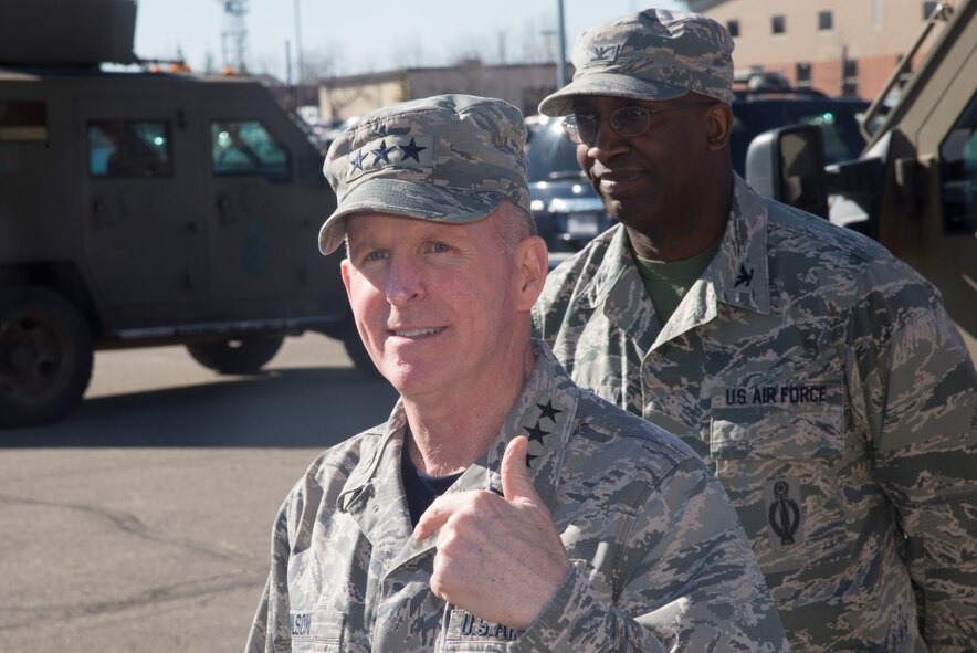 Lt. Gen. Stephen Wilson, deputy commander of U.S. Strategic Command, accompanied by Col. Kelvin Townsend, 91st Missile Wing deputy commander, talks to 91st Security Forces Group Airmen at Minot Air Force Base, N.D., Feb. 26, 2016. During his visit with the 91st SFG, Wilson was shown a variety of demonstrations to include convoy operations and various aspects of missile field activity. (U.S. Air Force photo/Airman 1st Class Christian Sullivan)