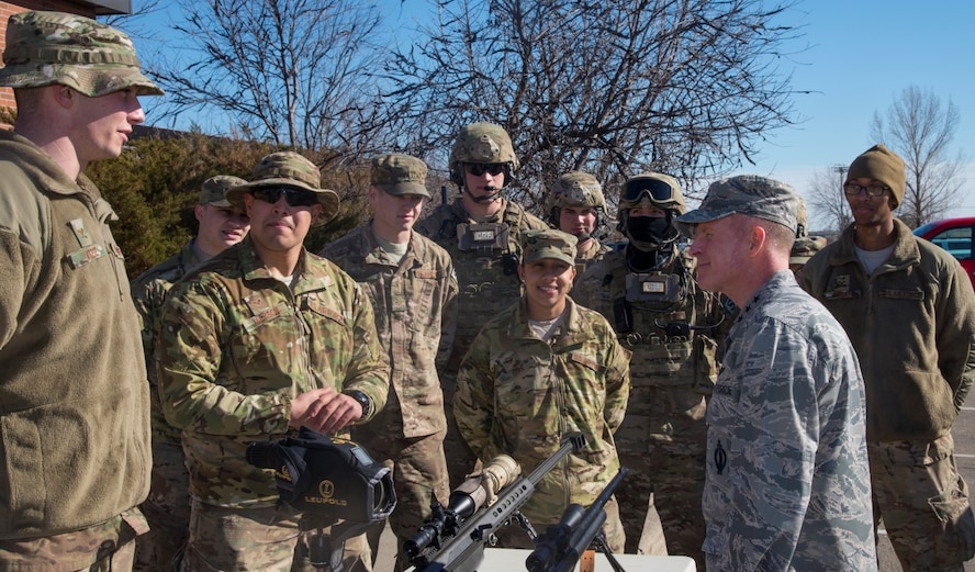 Lt. Gen. Stephen Wilson, deputy commander of U.S. Strategic Command, talks to 91st Security Forces Group Airmen at Minot Air Force Base, N.D., Feb. 26, 2016. During his visit with the 91st SFG, Wilson was shown a variety of demonstrations to include convoy operations and various aspects of missile field activity. (U.S. Air Force photo/Airman 1st Class Christian Sullivan)