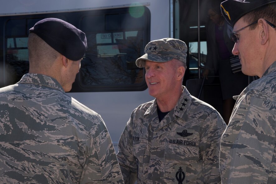 Lt. Gen. Stephen Wilson, deputy commander of U.S. Strategic Command, is greeted by 91st Security Forces Group Leadership at Minot Air Force Base, N.D., Feb. 26, 2016. During his visit with the 91st SFG, Wilson was shown a variety of demonstrations to include convoy operations and various aspects of missile field activity. (U.S. Air Force photo/Airman 1st Class Christian Sullivan)