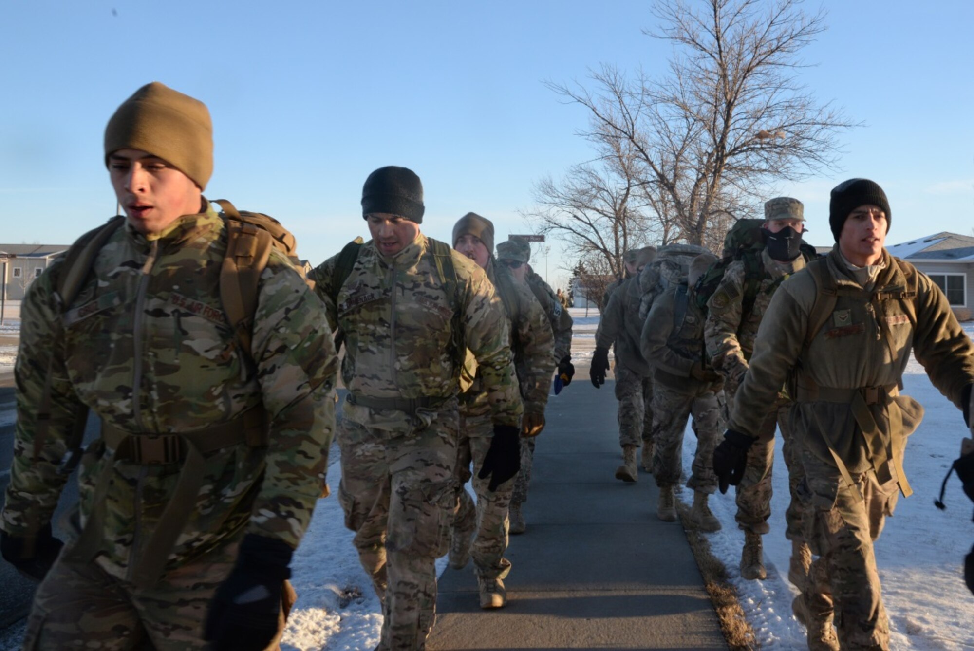 Members of the 91st Security Forces Group ruck during training at Minot Air Force Base, N.D., Feb. 12, 2016. They are preparing for the Bataan Death March Ruck that will take place at White Sands Missile Range, N.M. (U.S. Air Force photo/Airman 1st Class Christian Sullivan)