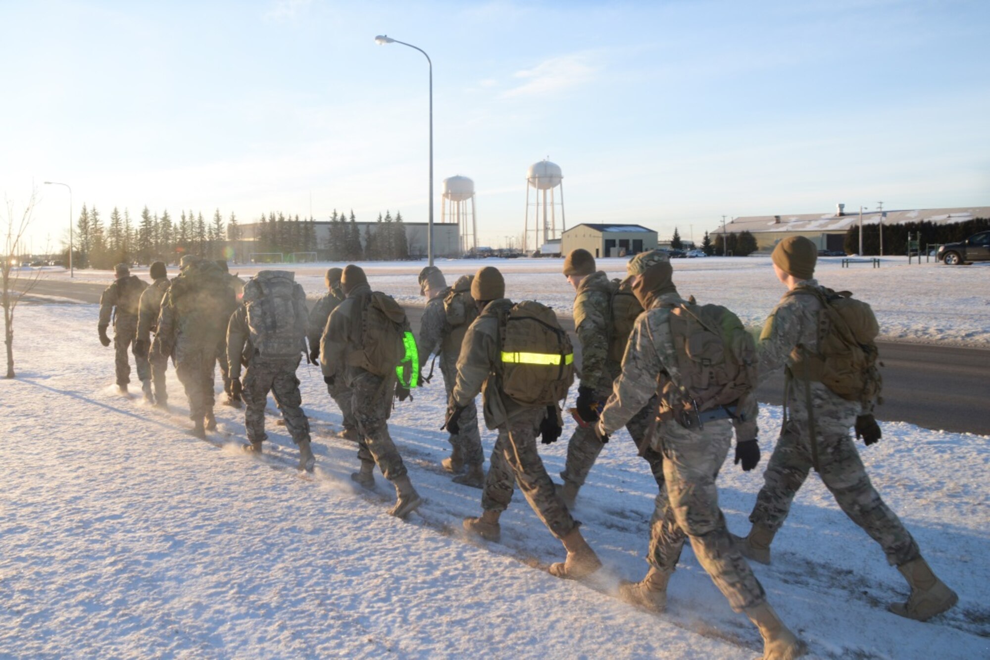 Members of the 91st Security Forces Group ruck during training at Minot Air Force Base, N.D., Feb. 12, 2016. They are preparing for the Bataan Death March Ruck that will take place at White Sands Missile Range, N.M. (U.S. Air Force photo/Airman 1st Class Christian Sullivan)