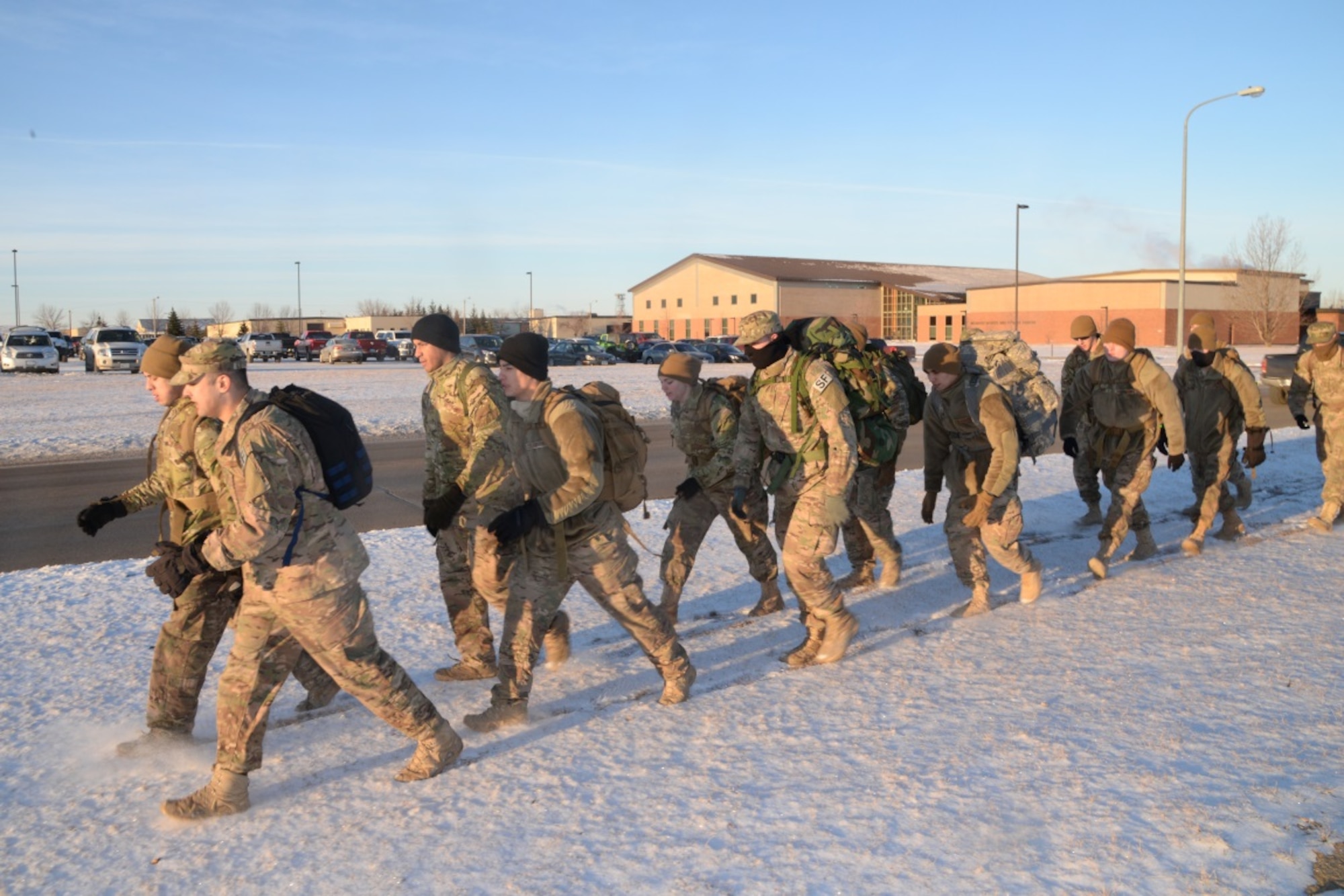 Members of the 91st Security Forces Group ruck during training at Minot Air Force Base, N.D., Feb. 12, 2016. They are preparing for the Bataan Death March Ruck that will take place at White Sands Missile Range, N.M. (U.S. Air Force photo/Airman 1st Class Christian Sullivan)