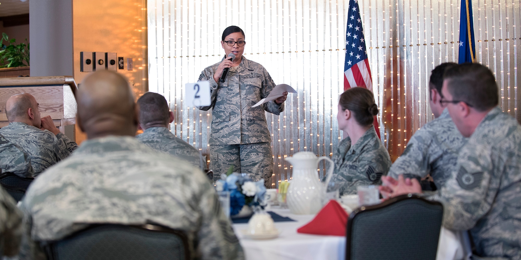PETERSON AIR FORCE BASE, Colo. – Chief Master Sgt. Idalia Peele, 21st Space Wing command chief, speaks to the members of the 5/6 council during the 5/6 Quarterly Breakfast at the Peterson Club on March 3, 2016. Peele discussed the importance of career development, networking and communication during the event. (U.S. Air Force photo by Craig Denton)