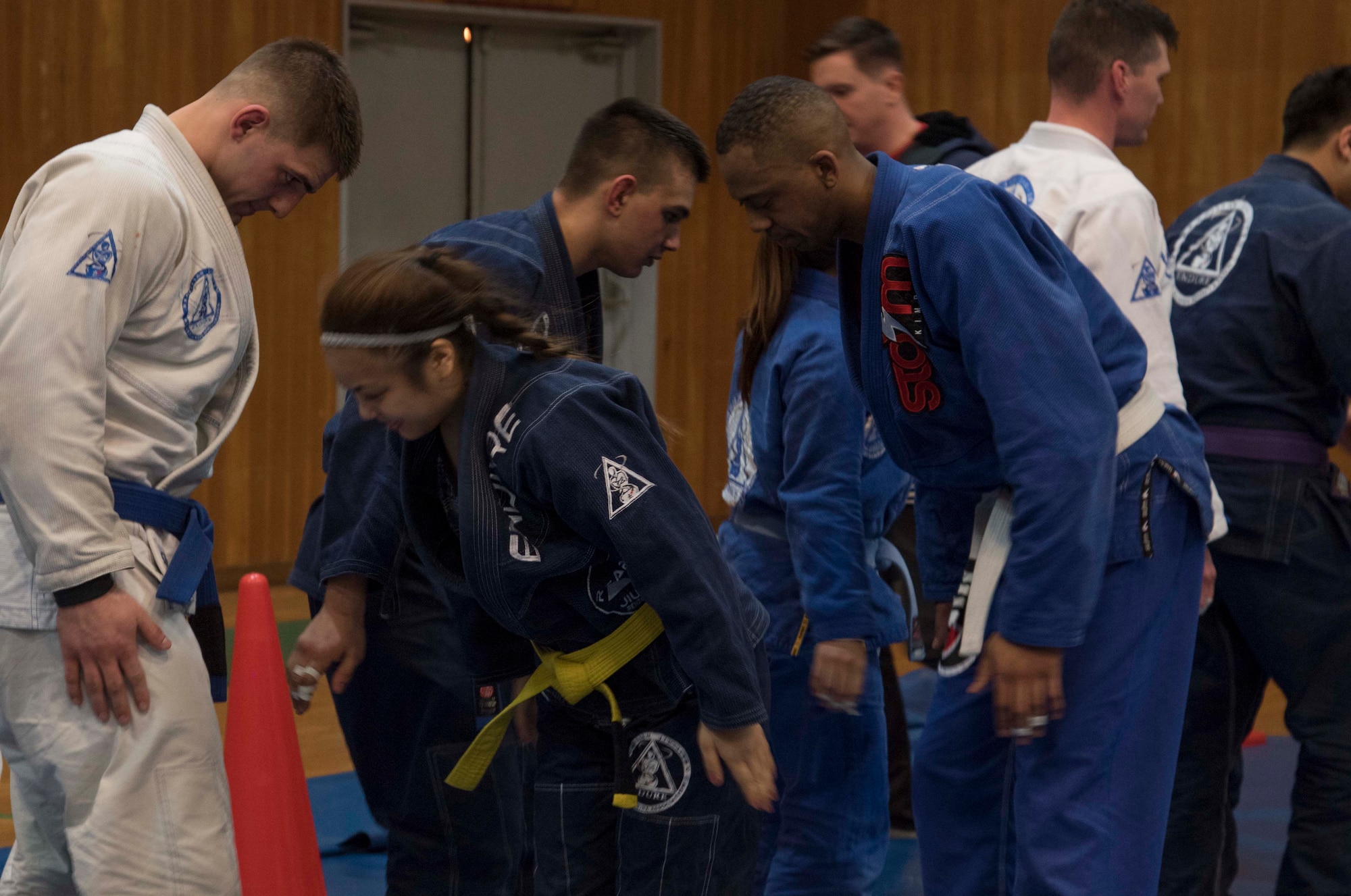 Brazilian jiu-jitsu members bow at the end of a practice at Misawa Air Base, Japan, Feb. 17, 2016. Bowing is a sign of respect, humility and mindfulness that’s integrated into the weekly sessions. For practice times and more information, join the “Endure BJJ Misawa” Facebook group. (U.S. Air Force photo by Airman 1st Class Jordyn Fetter)