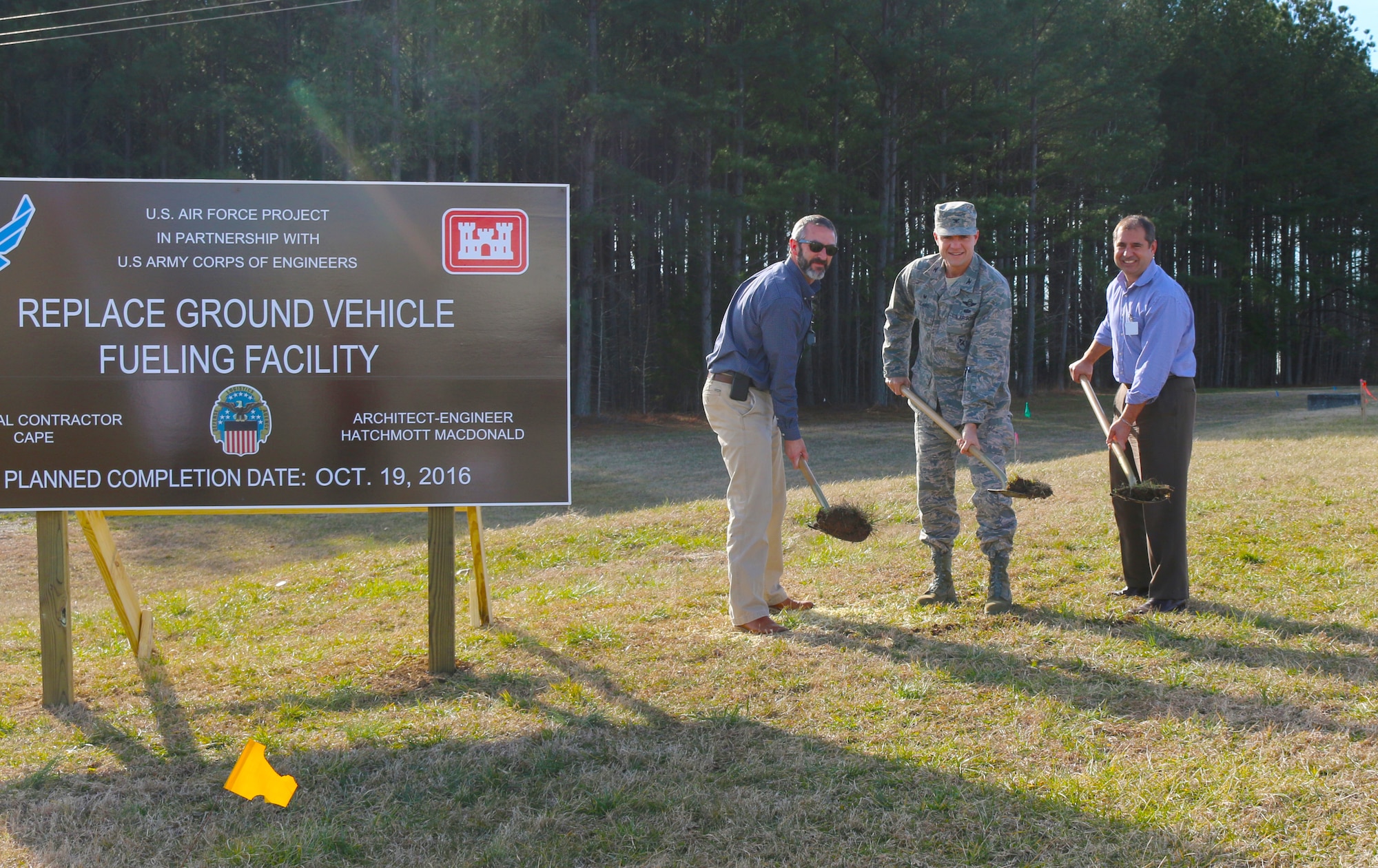 Morgan Murphree (right), with U.S. Army Corps of Engineers at Redstone Arsenal, AEDC Commander Col. Rodney Todaro (center) and Kurt Gates, with CAPE Environmental Management, Inc., break ground Feb. 18 for the construction of a new government Ground Vehicle Fueling Facility at AEDC. The facility, located adjacent to the bulk fuel farm, is expected to be operational by the end of October. (U.S. Air Force photo/Holly Fowler)