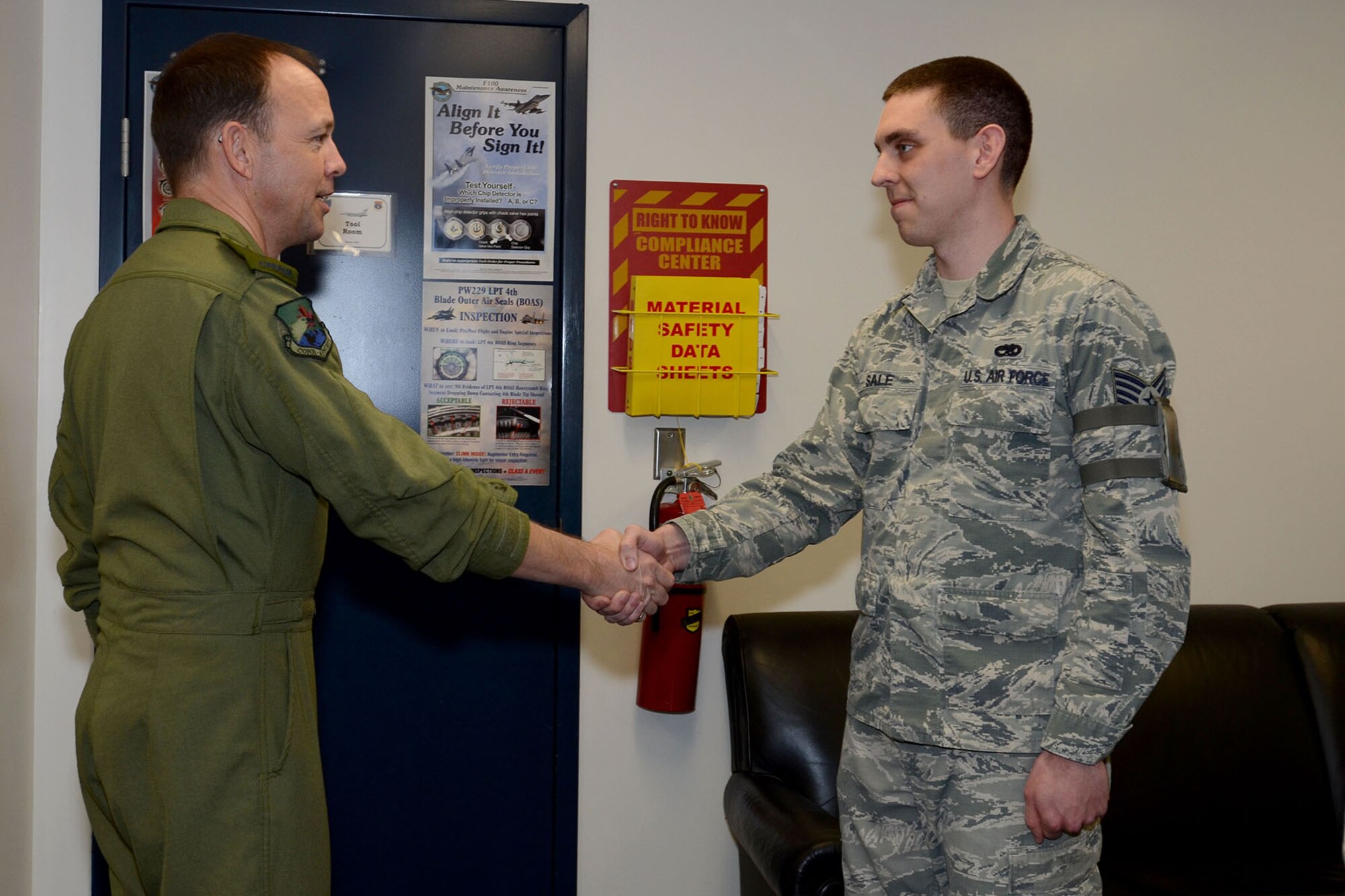 Canadian Forces Brig. Gen. Alain Pelletier, deputy commander Continental United States NORAD Region (CONR), receives and orientation flight on an F-16 Fighting Falcon fighter jet accompanied by Lt. Col. Ian Toogood, commander of the 169th Aerospace Control Alert Squadron, during his visit to the South Carolina Air National Guard's 169th Fighter Wing at McEntire Joint National Guard Station, Mar. 1, 2016. During his visit, Brig. Gen. Pelletier spoke to wing leadership about its homeland defense mission and the relationship it has with the NORAD air component as it is tasked through CONR to ensure North American airspace control. The 169th FW has provided support for numerous CONR training and air defense events in past years. (U.S. Air National Guard photo by Airman 1st Class Megan R. Floyd) 