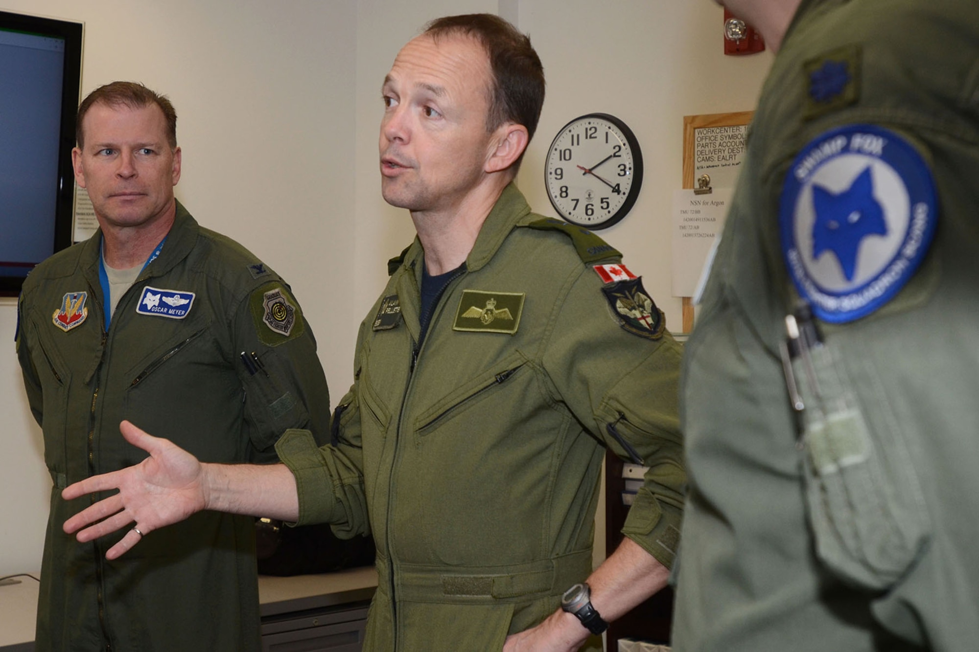 Canadian Forces Brig. Gen. Alain Pelletier, deputy commander Continental United States NORAD Region (CONR), receives and orientation flight on an F-16 Fighting Falcon fighter jet accompanied by Lt. Col. Ian Toogood, commander of the 169th Aerospace Control Alert Squadron, during his visit to the South Carolina Air National Guard's 169th Fighter Wing at McEntire Joint National Guard Station, Mar. 1, 2016. During his visit, Brig. Gen. Pelletier spoke to wing leadership about its homeland defense mission and the relationship it has with the NORAD air component as it is tasked through CONR to ensure North American airspace control. The 169th FW has provided support for numerous CONR training and air defense events in past years. (U.S. Air National Guard photo by Senior Airman Megan R. Floyd) 