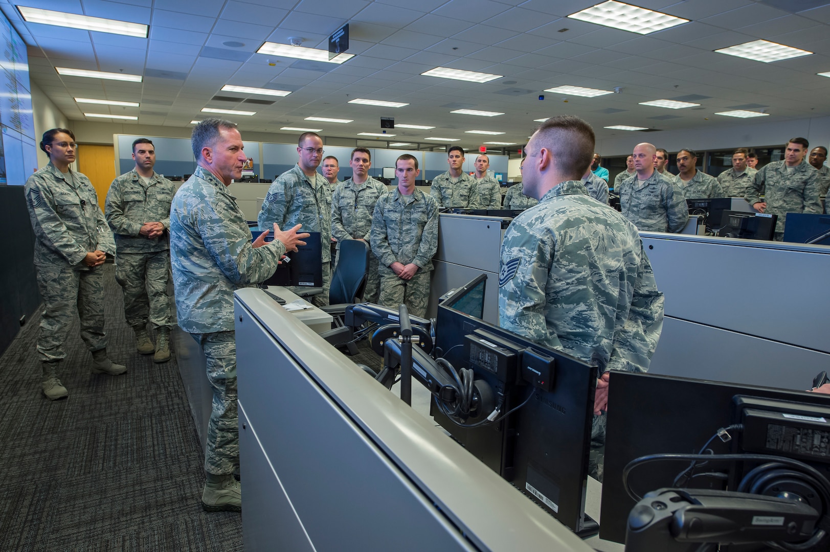 Air Force Vice Chief of Staff Gen. David L. Goldfein speaks to personnel within the 624th Operations Center during a visit at Joint Base San Antonio, Texas March 3. Goldfein received briefings focused on 24th Air Force – AFCYBER’s command and control of cyber forces and took the opportunity to personally thank the cyber warriors as well as to stress the significance of cyber in today’s multi-domain operations. (U.S. Air Force photo by MSgt Luke P. Thelen/Released)