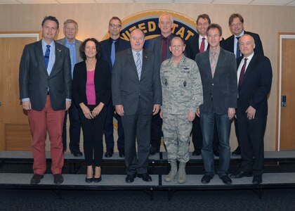 U.S. Air Force Lt. Gen. Stephen W. Wilson, U.S. Strategic Command (USSTRATCOM) deputy commander (front row, center right), poses for a photo with German members of congressional study groups that were invited by Rep. Jeff Fortenberry, Nebraskaâ€™s First Congressional District (not pictured), during their visit to USSTRATCOM Headquarters at Offutt Air Force Base, Neb., March 8, 2016. While here, the delegation received a command mission briefing from Wilson, participated in roundtable discussions on cyberspace and countering threats and toured USSTRATCOMâ€™s battle deck. USSTRATCOM regularly engages with partner nations to enhance international interoperability and joint capabilities in support of achieving strategic deterrence and confronting a broad range of global challenges. One of nine DoD unified combatant commands, USSTRATCOM has global strategic missions, assigned through the Unified Command Plan, which include strategic deterrence; space operations; cyberspace operations; joint electronic warfare; missile defense; intelligence, surveillance and reconnaissance; combating weapons of mass destruction; and analysis and targeting. (USSTRATCOM photo by Steve Cunningham)