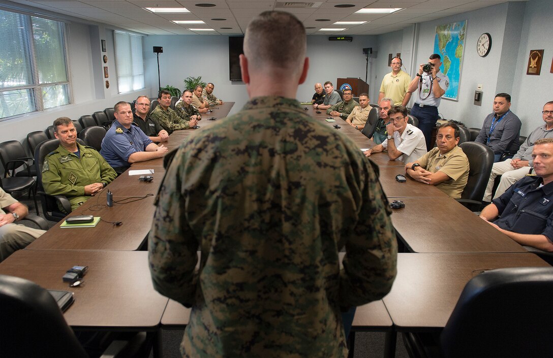 Marine Corps Gen. Joseph F. Dunford Jr., chairman of the Joint Chiefs of Staff, meets liaison officers from partner nations while visiting Joint Interagency Task Force South in Key West, Fla., March 8, 2016. DoD photo by Navy Petty Officer 2nd Class Dominique A. Pineiro