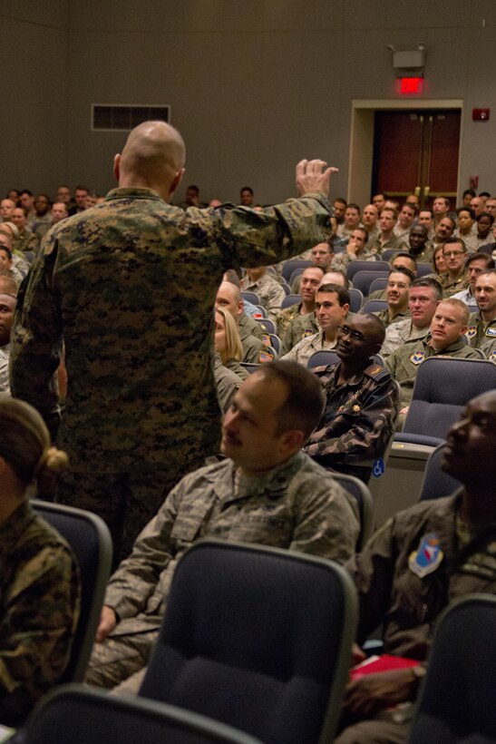 Commandant of the Marine Corps Gen. Robert B. Neller speaks to Air Command and Staff College students at Maxwell Air Force Base, Montgomery, Ala., March 8, 2016. Neller spoke about the Corps current status, priorities and expectations of all senior leadership. (U.S. Marine Corps photo by Staff Sgt. Gabriela Garcia/Released)