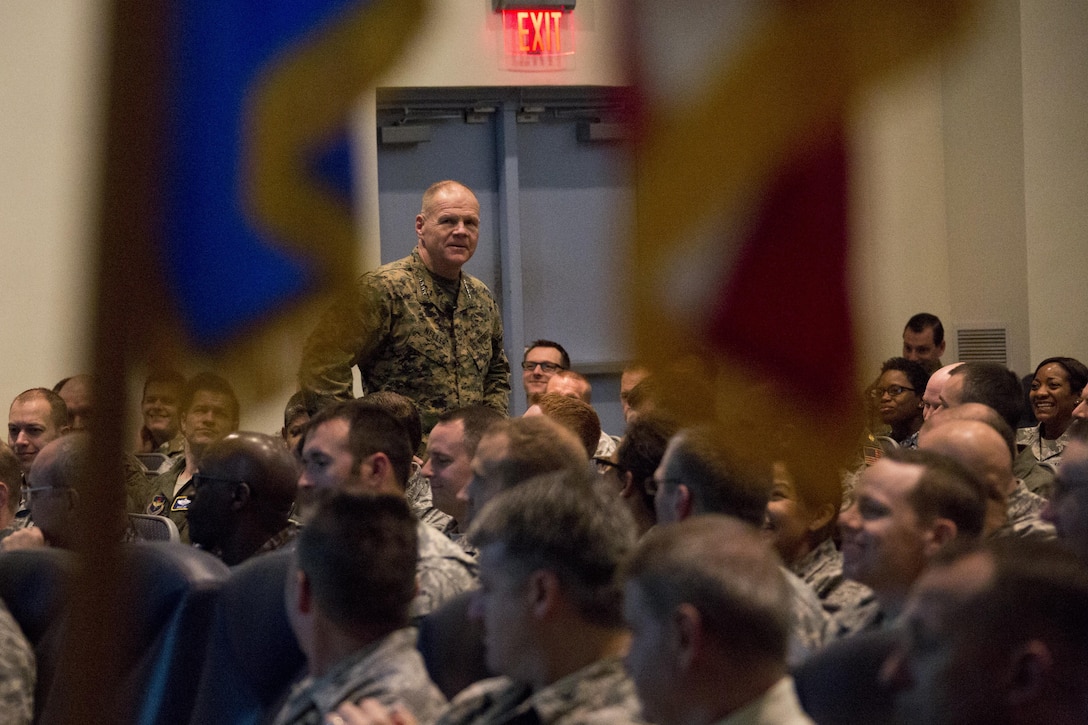 Commandant of the Marine Corps Gen. Robert B. Neller speaks to Air Command and Staff College students at Maxwell Air Force Base, Montgomery, Ala., March 8, 2016. Neller spoke about the Corps current status, priorities and expectations of all senior leadership. (U.S. Marine Corps photo by Staff Sgt. Gabriela Garcia/Released)