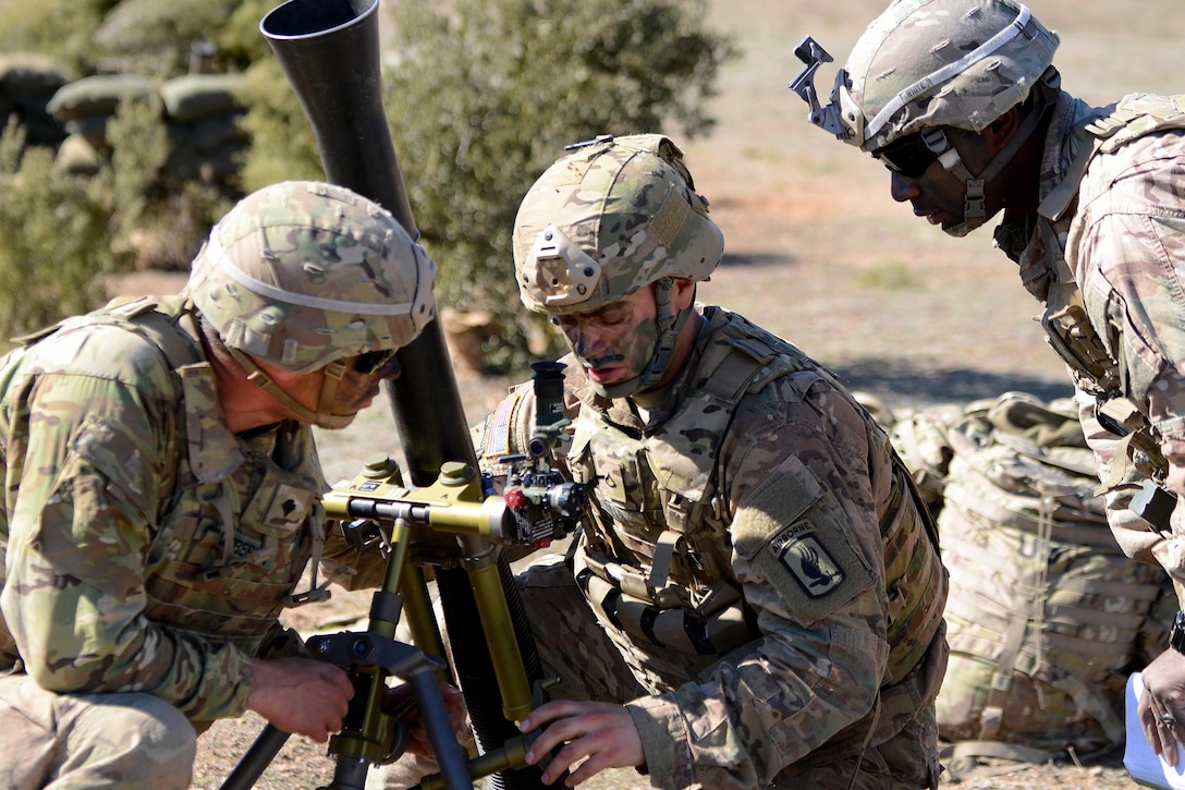 Soldiers prepare an M252 81 mm mortar system during Exercise Sky Soldier 16 on Chinchilla training area in Albacete, Spain, March 4, 2016. The soldiers are mortarmen assigned to the 1st Battalion, 503rd Infantry Regiment, 173rd Airborne Brigade. Army photo by Staff Sgt. Opal Vaughn