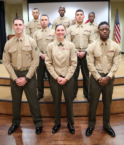 MACDILL AFB, Fla. (March 4, 2016) -- U.S. Marine Corporals Jordan Belser, Taylor Magdaleno, Gregorie Clay (front row, left to right), Bryant Viera and Alec Sanchez (middle row, left to right) pose for their class photo at the first U.S. Marine Corps Forces – Central Command sponsored Corporals Course graduation ceremony. Per Marine Corps Order (MCO) P1400.32D, all corporals must successfully complete a command-sponsored resident Corporals Course in order to be eligible for promotion to sergeant. (U.S. Marine Corps photo by Master Sgt. Will Price)