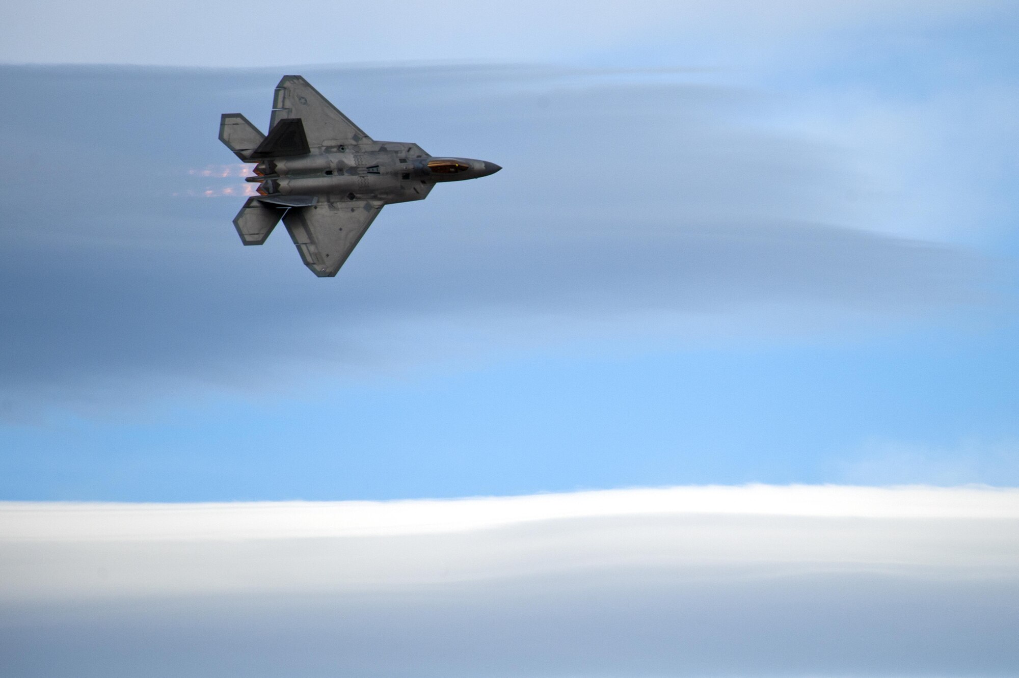 A U.S. Air Force F-22 Raptor performs during the 2016 Heritage Flight Training and Certification Course at Davis-Monthan Air Force Base, Ariz., March 5, 2016. The Raptor performs both air-to-air and air-to-ground missions allowing full realization of operational concepts vital to the 21st century Air Force. (U.S. Air Force photo by Senior Airman Chris Drzazgowski/Released)