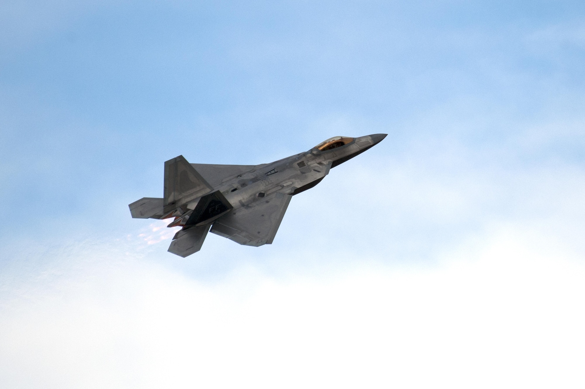 A U.S. Air Force F-22 Raptor performs during the 2016 Heritage Flight Training and Certification Course at Davis-Monthan Air Force Base, Ariz., March 5, 2016. The Raptor performs both air-to-air and air-to-ground missions allowing full realization of operational concepts vital to the 21st century Air Force. (U.S. Air Force photo by Senior Airman Chris Drzazgowski/Released)