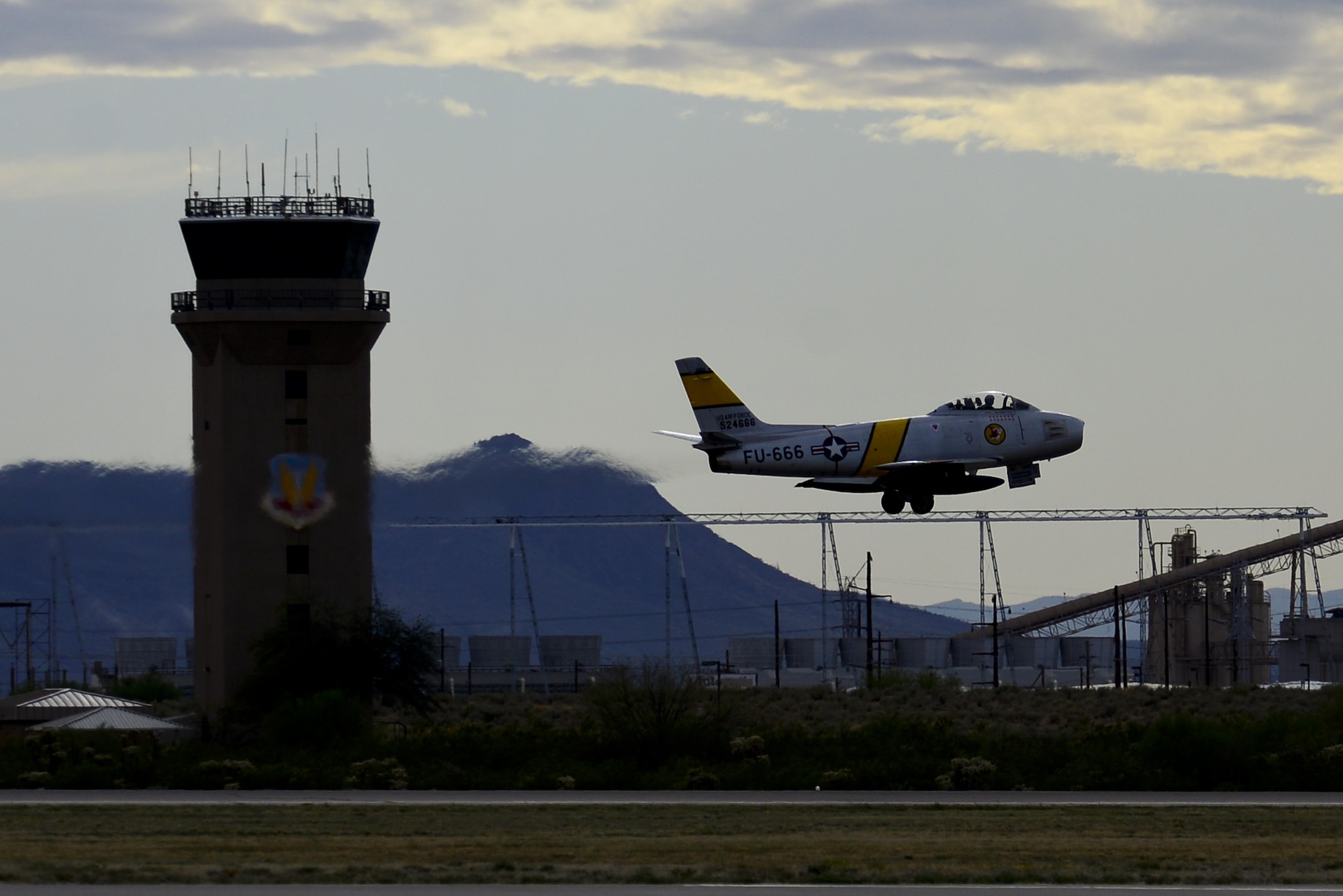 An F-86 Sabre takes off during the 2016 Heritage Flight Training and Certification Course at Davis-Monthan Air Force Base, Ariz., March 6, 2016. The F-86 Sabre was originally designed as a high-altitude day-fighter and redesigned to an all-weather interceptor. (U.S. Air Force photo by Senior Airman Chris Drzazgowski/Released)