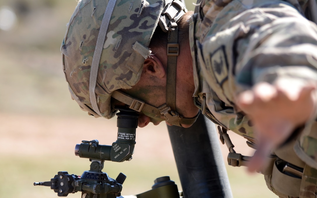 Army Spc. Charles Kulakowski checks the sights on an M252 81 mm mortar during Exercise Sky Soldier 16 on Chinchilla training area in Albacete, Spain, March 4, 2016. Kulakowski is a mortarman assigned to the 1st Battalion, 503rd Infantry Regiment, 173rd Airborne Brigade. Army photo by Staff Sgt. Opal Vaughn