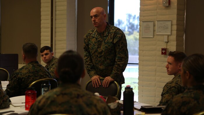 U.S. Marine Brig. Gen. David A. Ottignon listens intently to a student’s question at the 1st Marine Logistics Group lieutenant seminar aboard Camp Pendleton, Calif., Feb. 25, 2016. Ottignon is the commanding general of 1st MLG. This seminar among first and second lieutenants in the Group was designed to garner knowledge and foster the camaraderie within the ranks, forming confident and decisive leaders. The seminar had two sessions in February and will continue at least bi-annually. (U.S. Marine Corps photo by 1st Lt. Allison Burgos/Released)