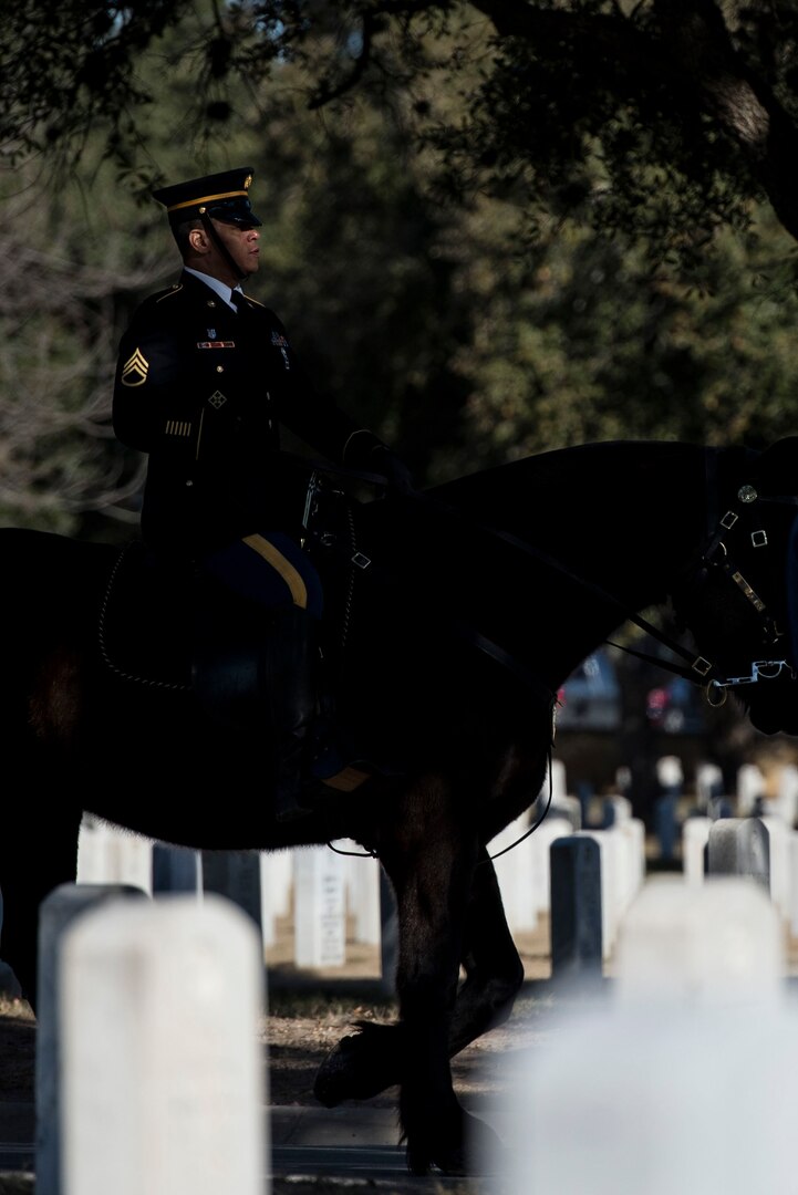 A Joint Base San Antonio-Fort Sam Houston Caisson Section member performs funeral honors Feb. 5 at Fort Sam Houston National Cemetery. The earliest notification that the Caisson Unit will receive for a funeral is 24 hours. The JBSA-Fort Sam Houston Caisson Section provides funeral honors across a 67,000 square-mile area in South Texas.