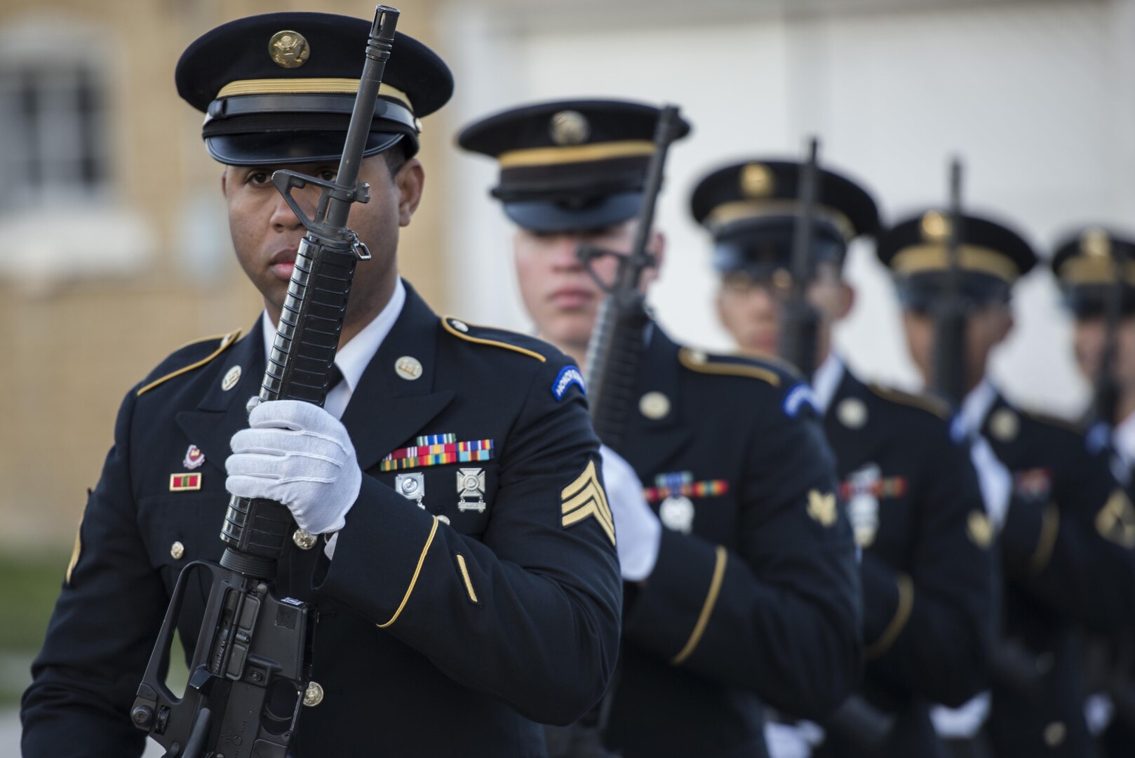 Joint Base San Antonio-Fort Sam Houston Honor Guard members practice drill movements Feb. 5 at JBSA-Fort Sam Houston. A typical day for a JBSA-Fort Sam Houston Honor Guard member starts at 5:30 a.m. with preparation for either physical fitness training or rendering honors for a service member that has passed away.