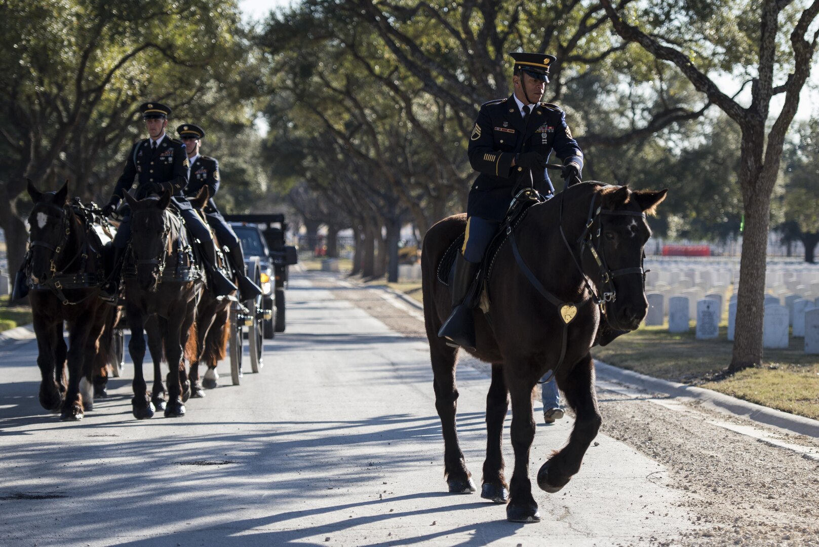 Joint Base San Antonio-Fort Sam Houston Caisson Section members perform funeral honors Feb. 5 at Fort Sam Houston National Cemetery. The earliest notification that the Caisson Unit will receive for a funeral is 24 hours. In that time the team will assign the mission, personnel, coordinate travel and sometimes lodging for over-night stays depending on what honors are rendered.