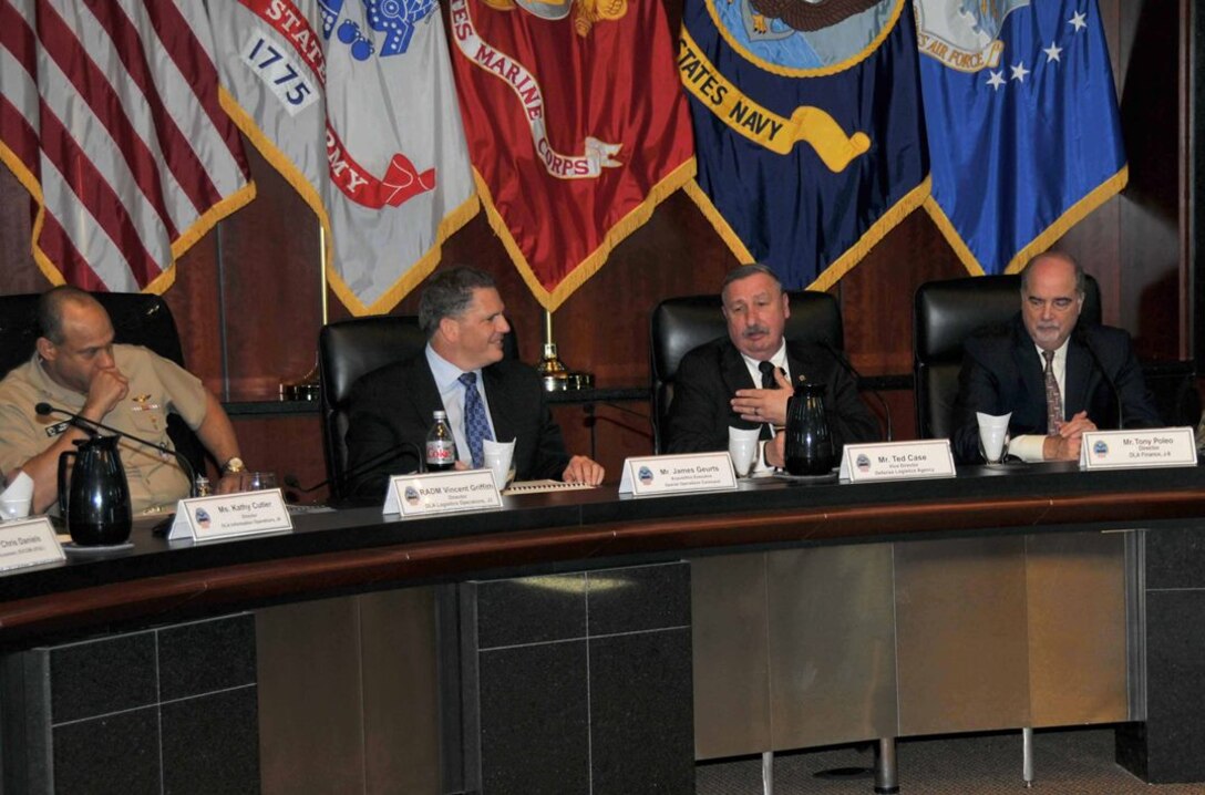 DLA Vice Director Ted Case (second from right) delivers opening remarks at the second SOCOM/DLA Day event March 1. Also participating were, left to right, Rear Adm. Vincent Griffith, director of DLA Logistics Operations; James Geurts, acquisition executive for US Special Operations Command; and Tony Poleo, director of DLA Finance.