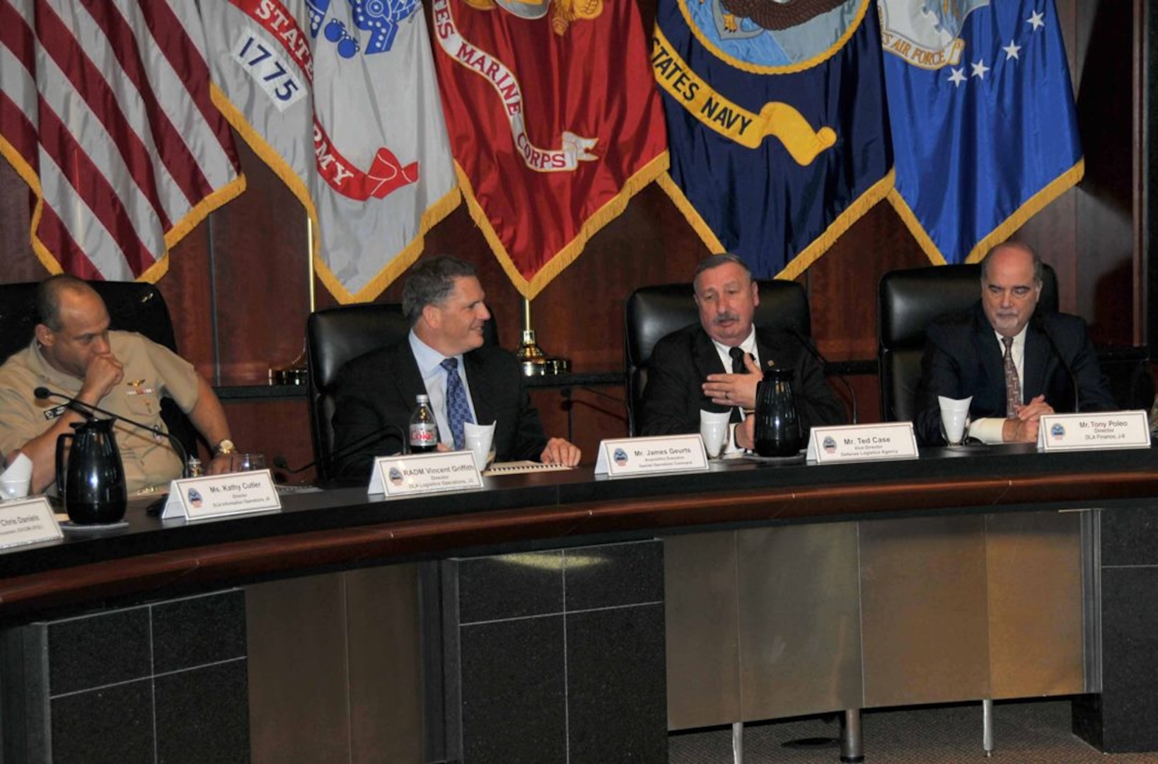 DLA Vice Director Ted Case (second from right) delivers opening remarks at the second SOCOM/DLA Day event March 1. Also participating were, left to right, Rear Adm. Vincent Griffith, director of DLA Logistics Operations; James Geurts, acquisition executive for US Special Operations Command; and Tony Poleo, director of DLA Finance.