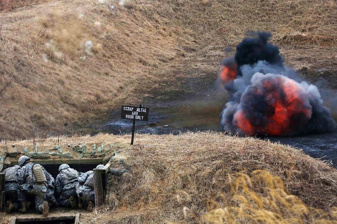 Soldiers detonate M18A1 Claymore mines at California Range, South Korea, March 2, 2016. The soldiers practiced how to set up and use the mines during Operation Pacific Pathways, which strengthens strategic partnerships to support continued regional stability. Army photo by Pfc. Elliott Page