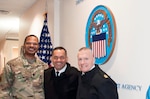 From left: Command Sgt. Major James Sims, senior enlisted advisor at the Army Materiel Command; Command Sgt. Major Charles Tobin, senior enlisted advisor at DLA; and Command Sgt. Major John W. Troxell, senior enlisted advisor to the Chairman of the Joint Chiefs of Staff, discussed several areas of cooperation at DLA Headaquarters March 8.