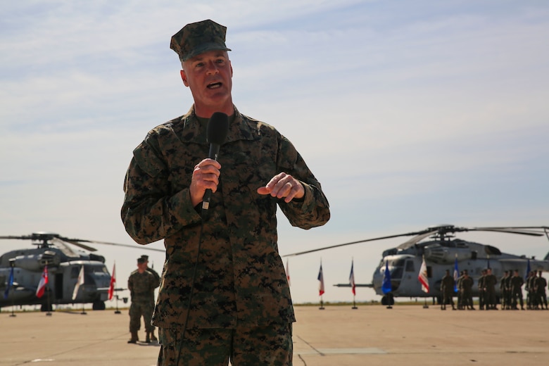 Sgt. Maj. Michael Walton, sergeant major of Marine Corps Air Station Miramar, speaks to attendees of his relief and appointment ceremony aboard MCAS Miramar, Calif., March 2. Walton became sergeant major of MCAS Miramar after serving as the sergeant major of Marine Fighter Attack Squadron (VMFA) 232. (U.S. Marine Corps photo by Cpl. Alissa Schuning/Released)