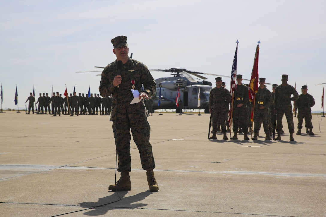 Sgt. Maj. Richard Charron, former sergeant major of Marine Corps Air Station Miramar, speaks during his relief and appointment ceremony aboard MCAS Miramar, Calif., March 2. Charron relinquished his duties to Sgt. Maj. Michael Walton, former sergeant major of Marine Fighter Attack Squadron (VMFA) 232. (U.S. Marine Corps photo by Cpl. Alissa Schuning/Released)