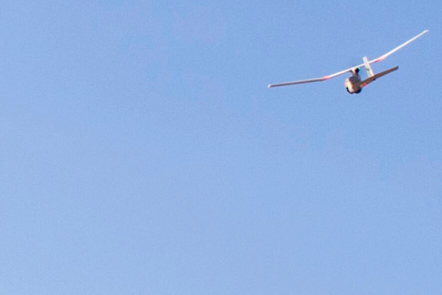 An RQ-11 B Raven small unmanned aircraft system descends during a mission capabilities demonstration, March 3, 2016, at Moody Air Force Base, Ga.  The 820th Base Defense Group is responsible for approximately 40 Raven SUAS and has performed over 150 flying hours with the device within the last three months. (U.S. Air Force photo by Airman 1st Class Greg Nash/Released) 
