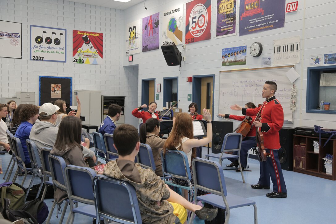 On March 9, 2016, a string quartet from "The President's Own" performed a Music in the High Schools presentation at West Potomac High School in Alexandria, Va. (U.S. Marine Corps photo by Master Sgt. Kristin duBois/released)