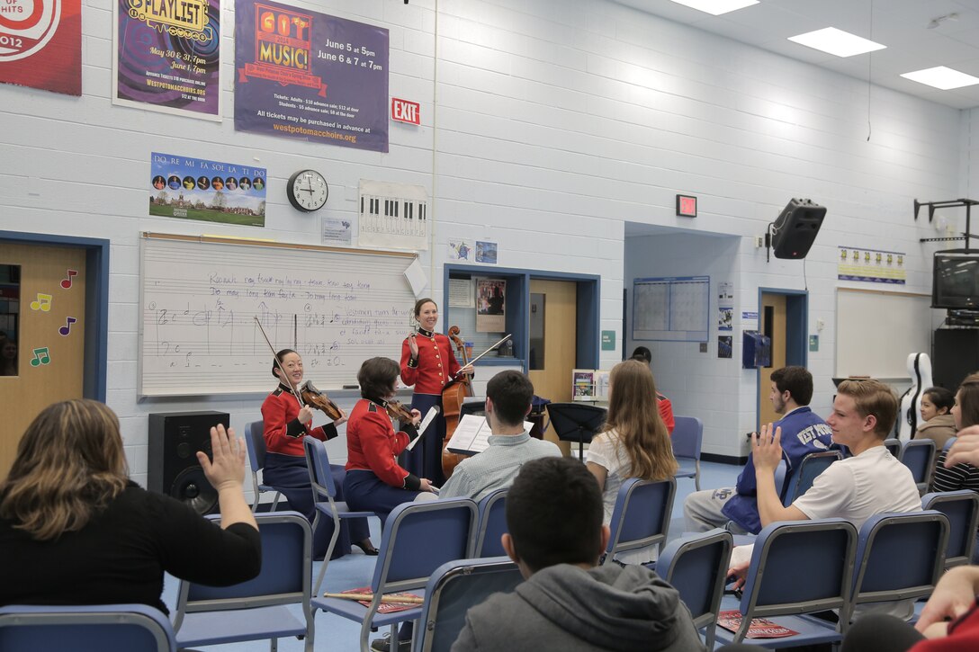On March 9, 2016, a string quartet from "The President's Own" performed a Music in the High Schools presentation at West Potomac High School in Alexandria, Va. (U.S. Marine Corps photo by Master Sgt. Kristin duBois/released)