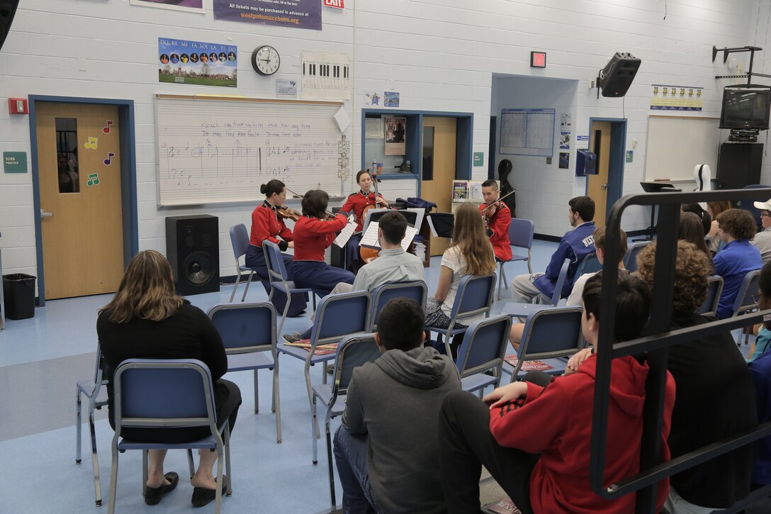 On March 9, 2016, a string quartet from "The President's Own" performed a Music in the High Schools presentation at West Potomac High School in Alexandria, Va. (U.S. Marine Corps photo by Master Sgt. Kristin duBois/released)