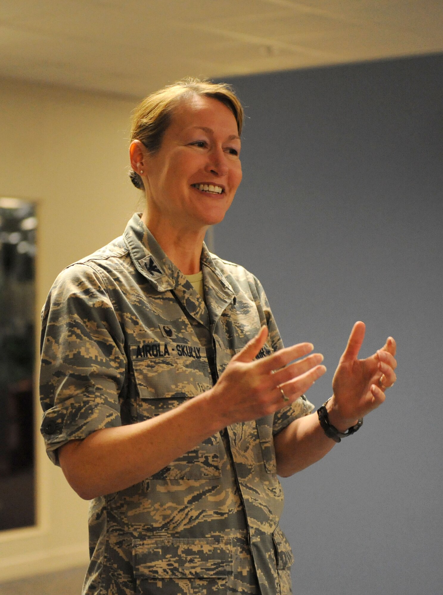 Col. Susan Airola-Skully, 81st Mission Support Group commander, speaks to Keesler personnel during an Integrated Personnel Management Initiative (IPM-I) ribbon cutting ceremony at the Sablich Center, March 8, 2016, Keesler Air Force Base, Miss. The purpose of the 81stst  and 403rd Force Support Squadrons’ integration efforts at Keesler is to achieve a more capable and efficient organization to serve active duty and Reserve Airmen, their families and retirees who utilize FSS services. This effort was directed by the Secretary of the Air Force. (U.S. Air Force photo by Kemberly Groue)
