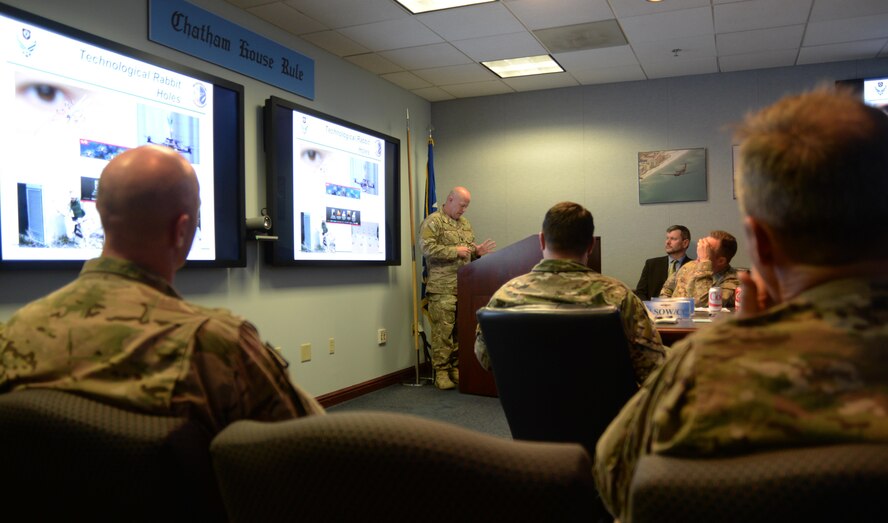 Lt. Col. Paul Brister, 23rd Special Tactics Squadron commander, presents his idea during the 2025 Strategic Initiative Competition at Hurlburt Field, Fla., Feb. 29, 2016. Brister and Capt. Jesse Gault, 23rd STS Gold Team flight commander, beat nearly 60 other entries with their concept of “SpecOps Swarms.” (U.S. Air Force photo/Mike Raynor)
